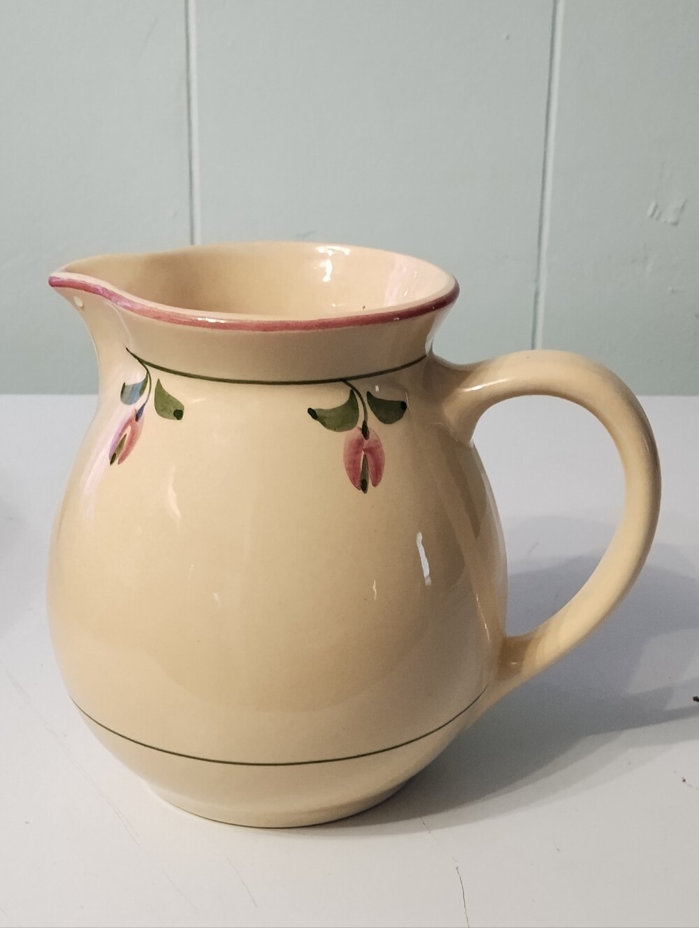 Vintage Hand-Painted In Portugal Milk Ceramic Pitcher with Pink Floral Trim